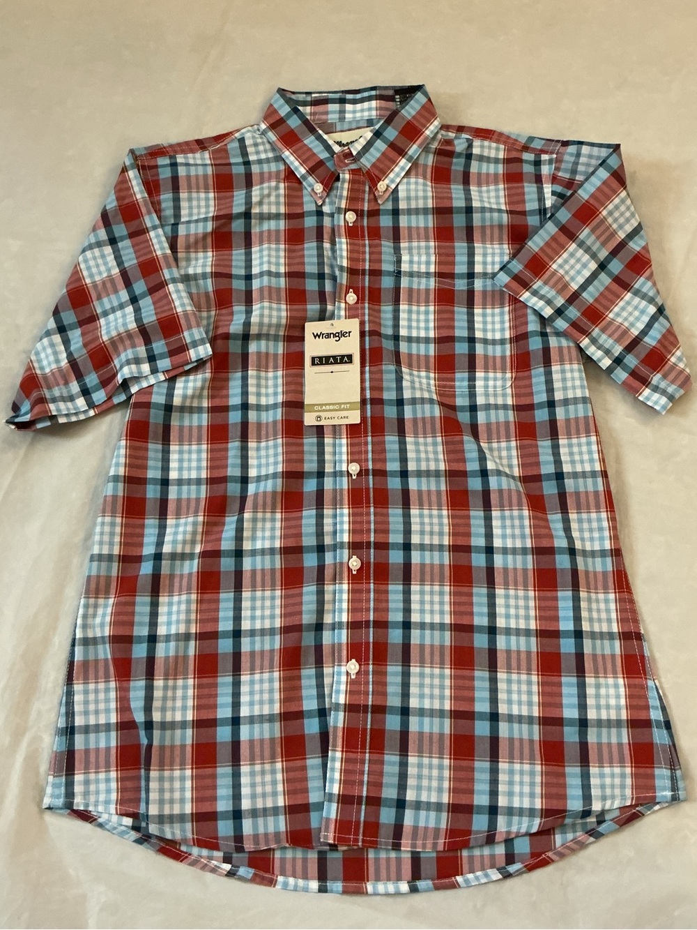 NWT Wrangler Riata youth boys XL Red white Blue Plaid Button-Down Shirt